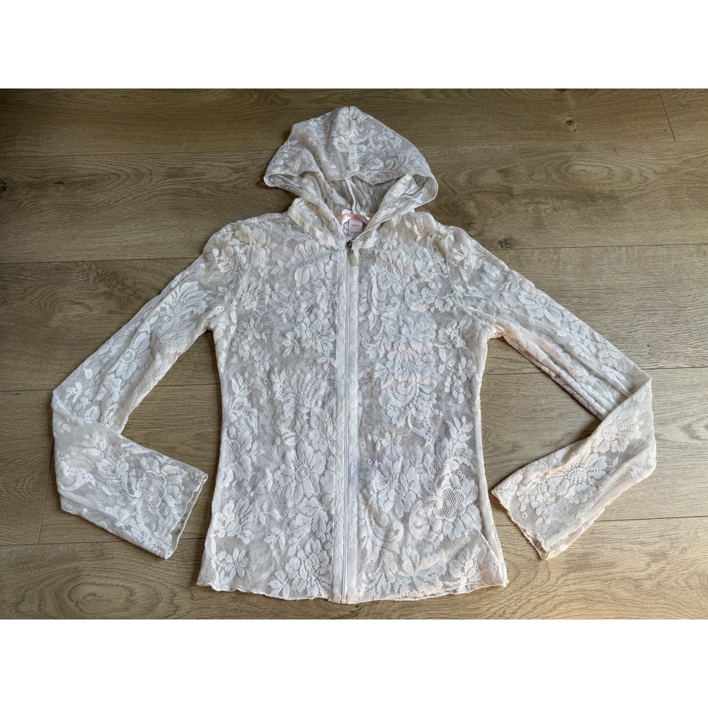 Vintage Y2K Victoria's Secret White Sheer Floral Lace Full Zip Up Hoodie Size S